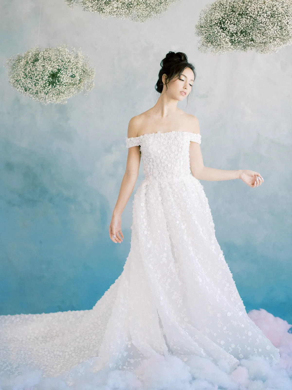 3D Pearl Beaded Lace - A-Line Off The Shoulder Wedding Dress, White