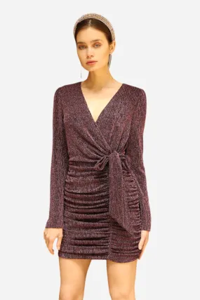 Adelyn Rae Vanessa Metallic Wrap Mini Dress in Dark Pink