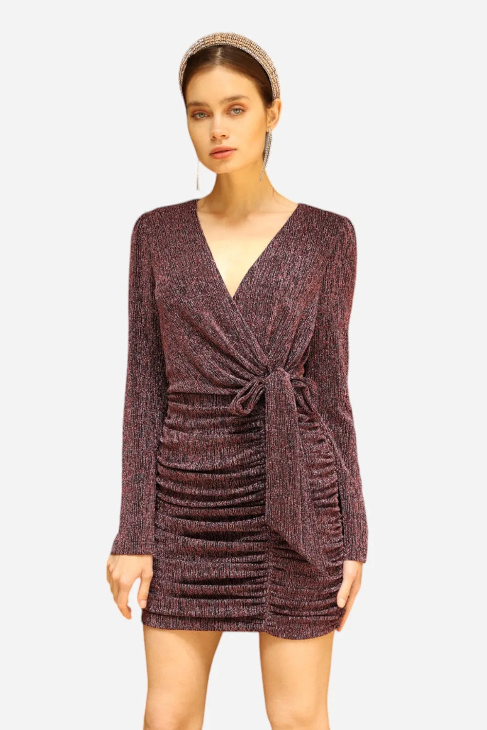 Adelyn Rae Vanessa Metallic Wrap Mini Dress in Dark Pink