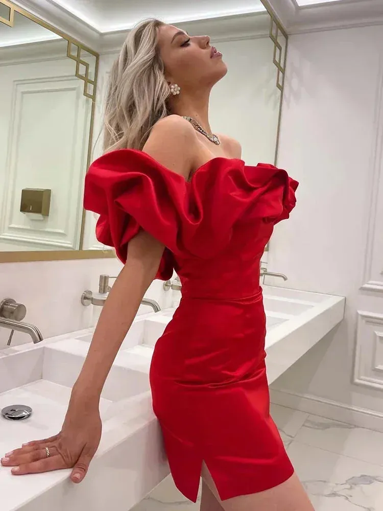 Amozae-hoco dresses Suninheart Summer White Ruffle Party Dresses Elegant Bodycon Off The Shoulder Wedding Guest Dress Elastic Satin Women's Clothing