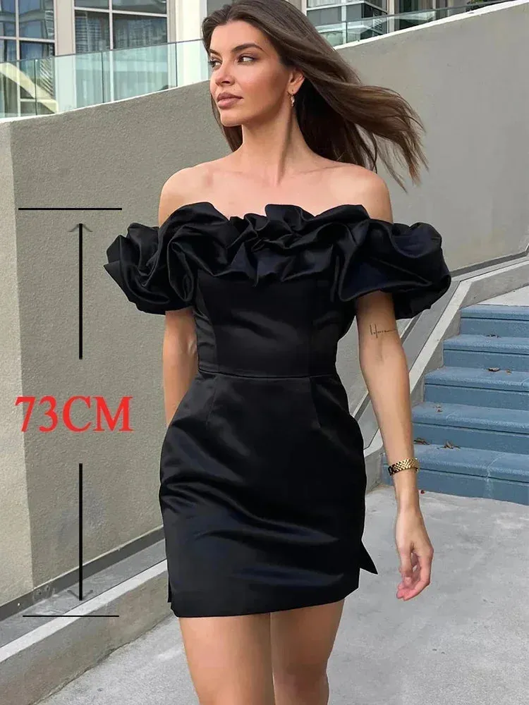 Amozae-hoco dresses Suninheart Summer White Ruffle Party Dresses Elegant Bodycon Off The Shoulder Wedding Guest Dress Elastic Satin Women's Clothing