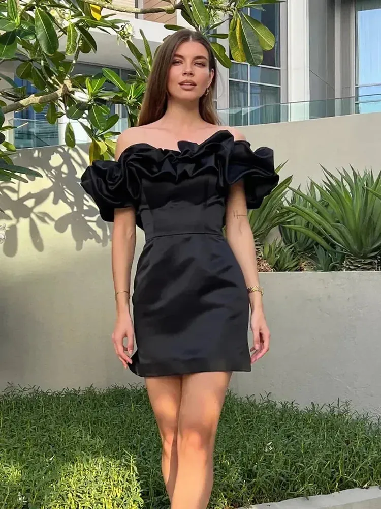 Amozae-hoco dresses Suninheart Summer White Ruffle Party Dresses Elegant Bodycon Off The Shoulder Wedding Guest Dress Elastic Satin Women's Clothing