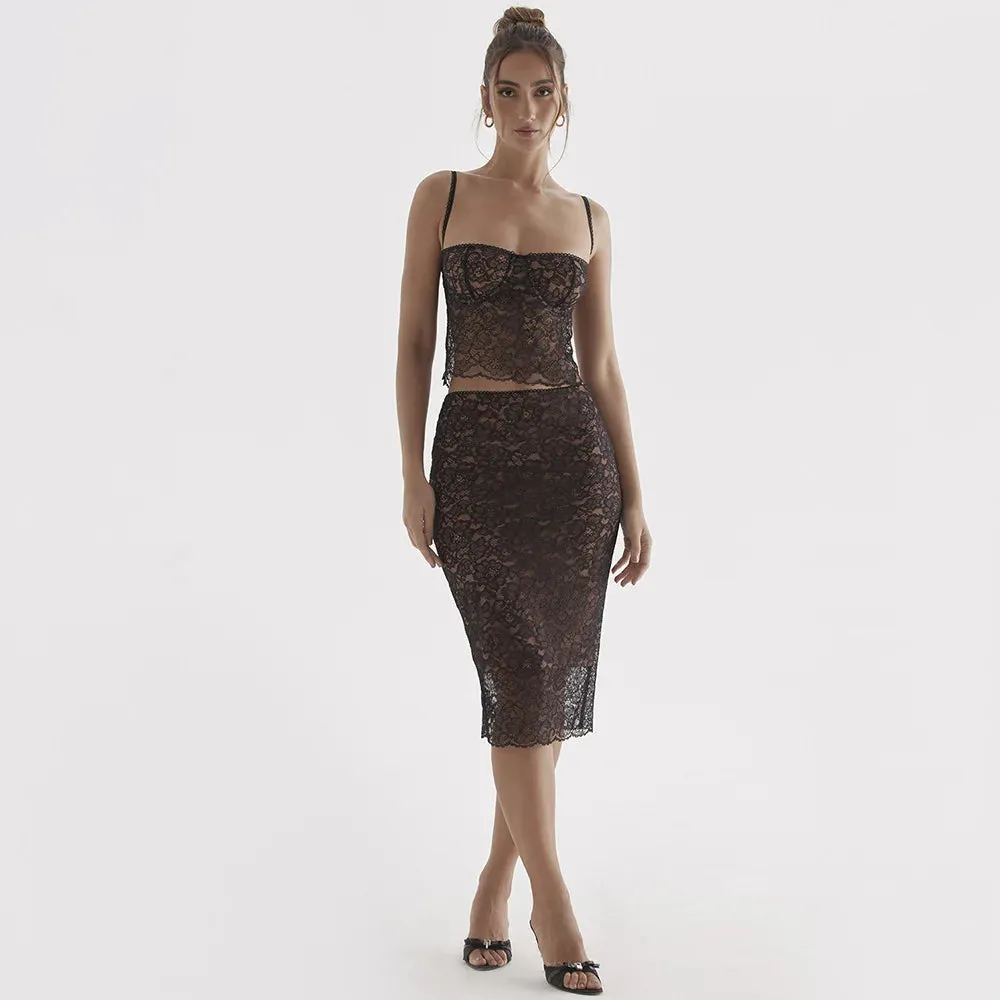 Amozae-hoco dresses  Wedding Guest Dress Women 2024 Summer Elegant 2 Pieces Dress Set Black Cropped Top and Midi Skirt Sexy Party Dresses