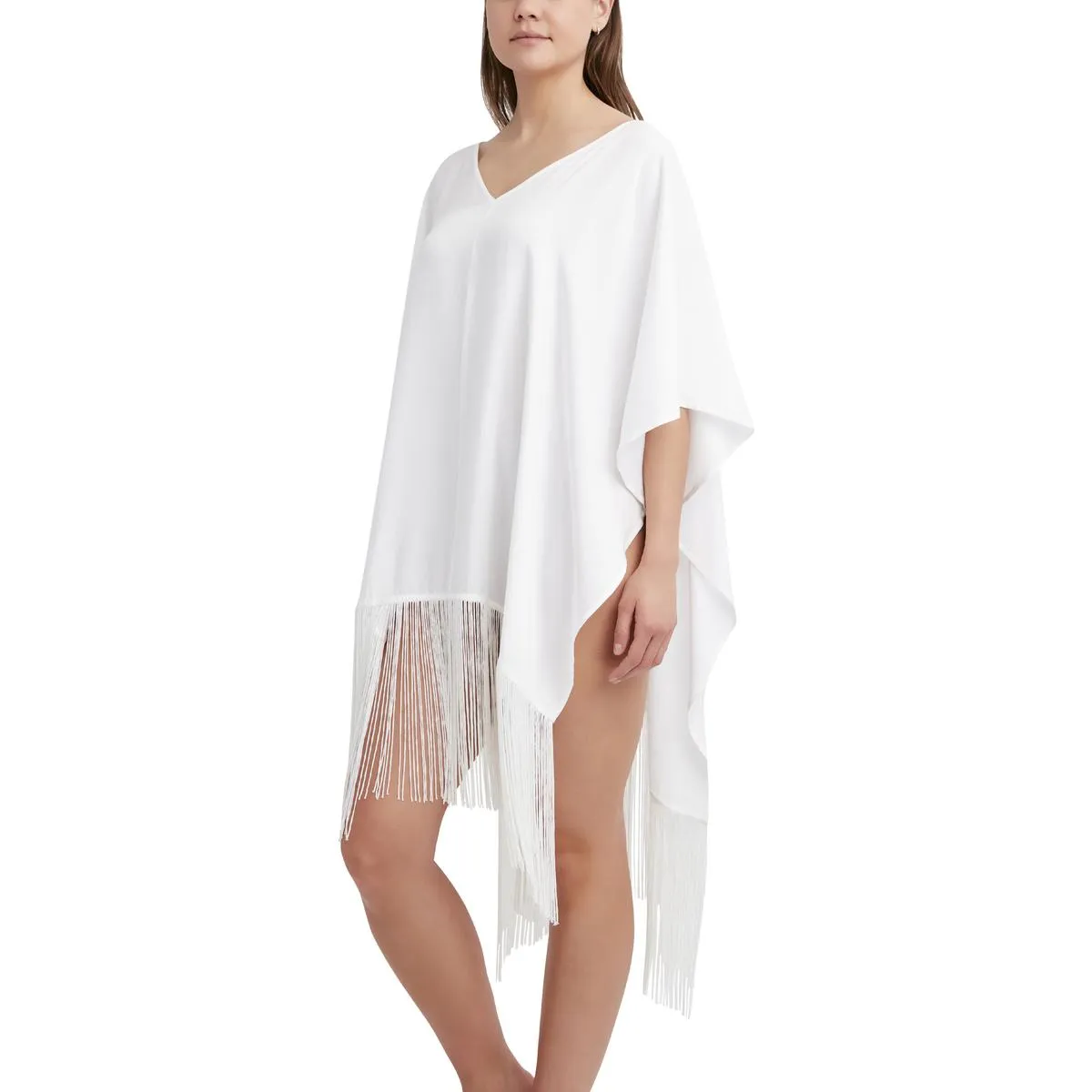 BCBG Max Azria Women's Reversible Fringed V-Neck Poncho Swim Cover Up