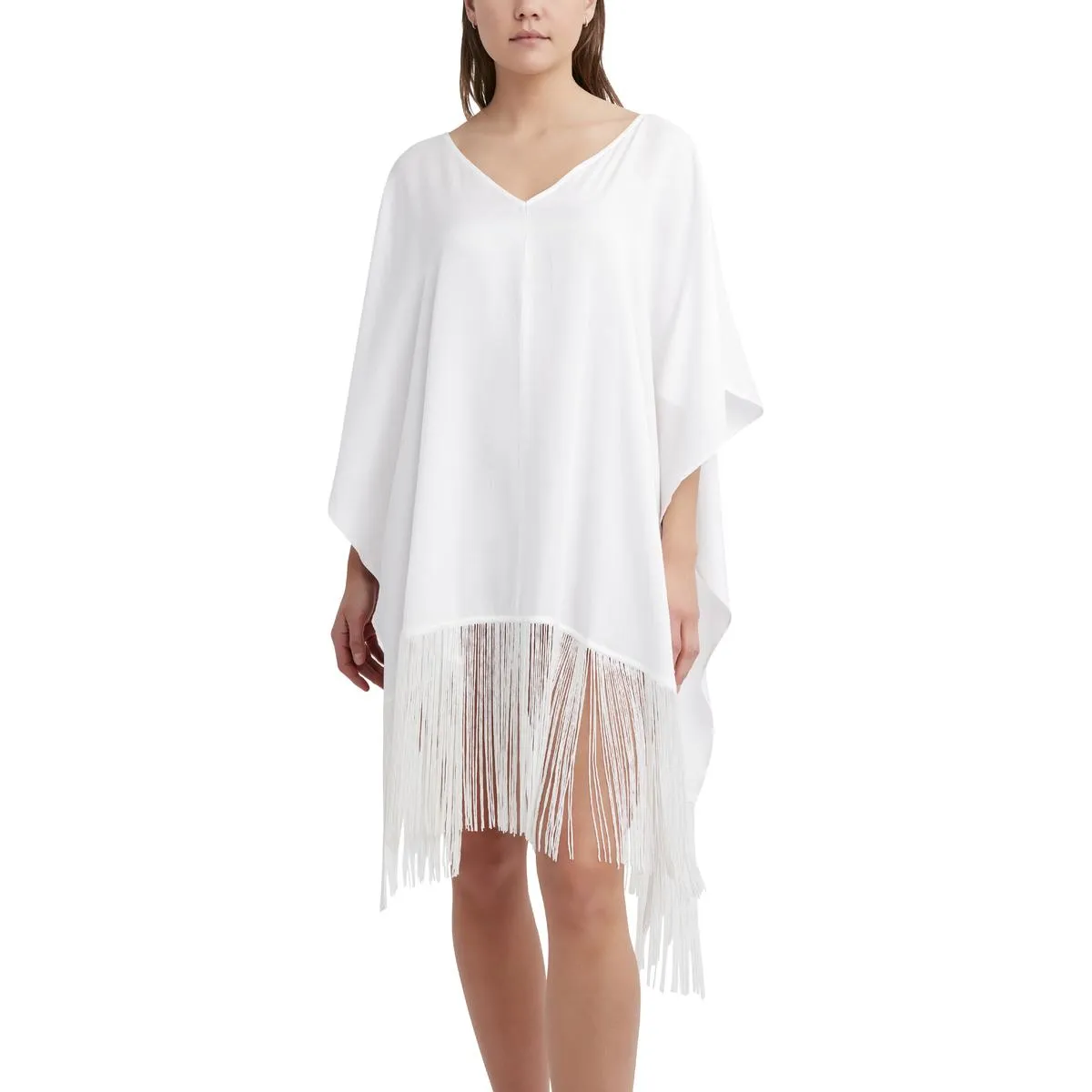 BCBG Max Azria Women's Reversible Fringed V-Neck Poncho Swim Cover Up