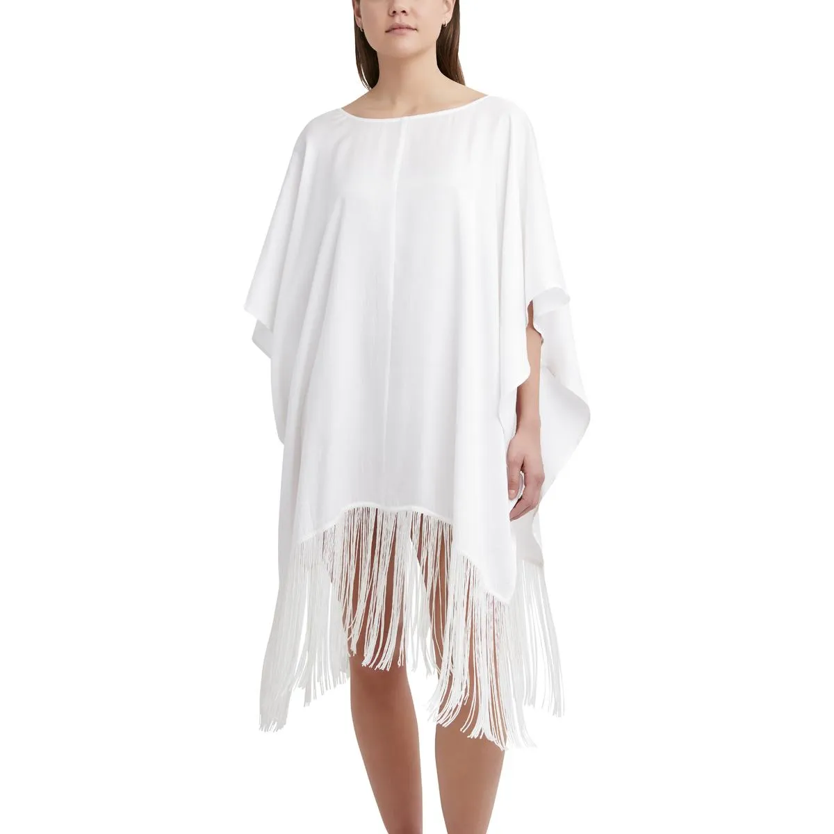 BCBG Max Azria Women's Reversible Fringed V-Neck Poncho Swim Cover Up