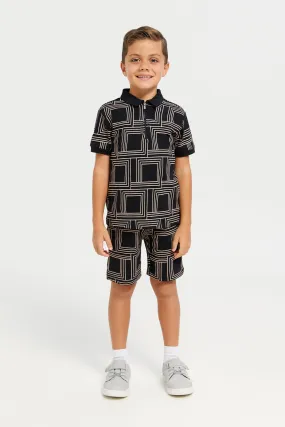 Boys Black Printed T-Shirt With Shorts Set (2 Piece)