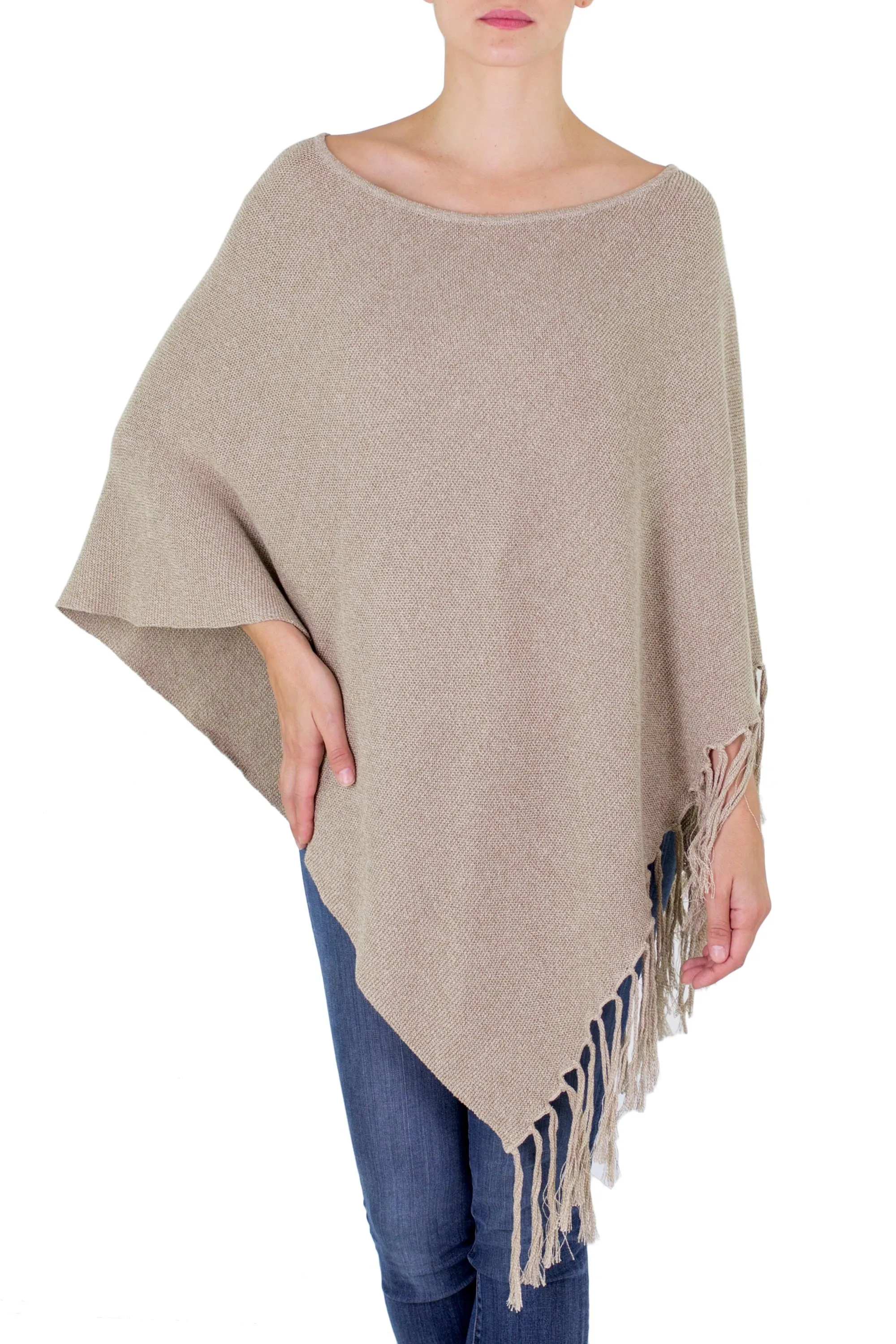 Cotton Poncho with Fringe Beige Colored from Guatemala - Spontaneous Style in Khaki | NOVICA