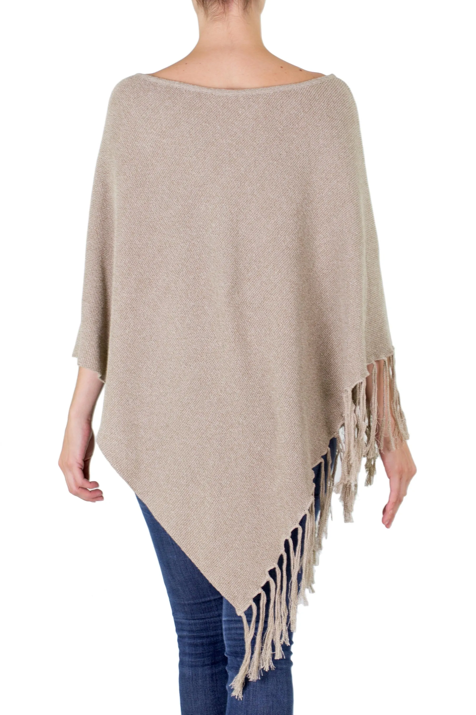 Cotton Poncho with Fringe Beige Colored from Guatemala - Spontaneous Style in Khaki | NOVICA
