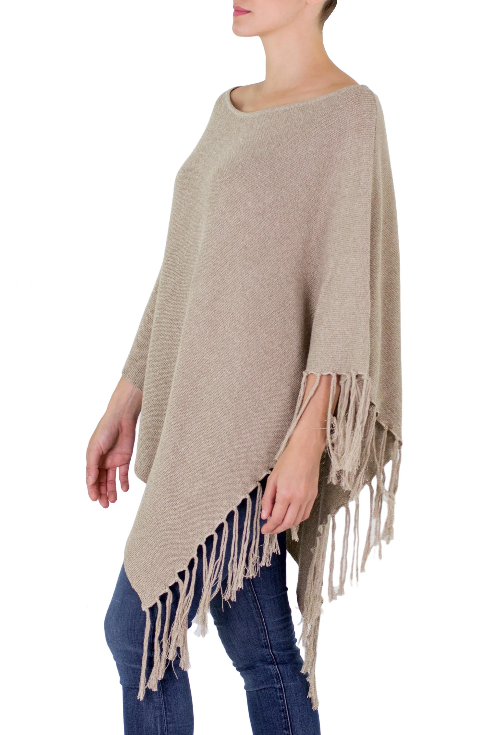 Cotton Poncho with Fringe Beige Colored from Guatemala - Spontaneous Style in Khaki | NOVICA