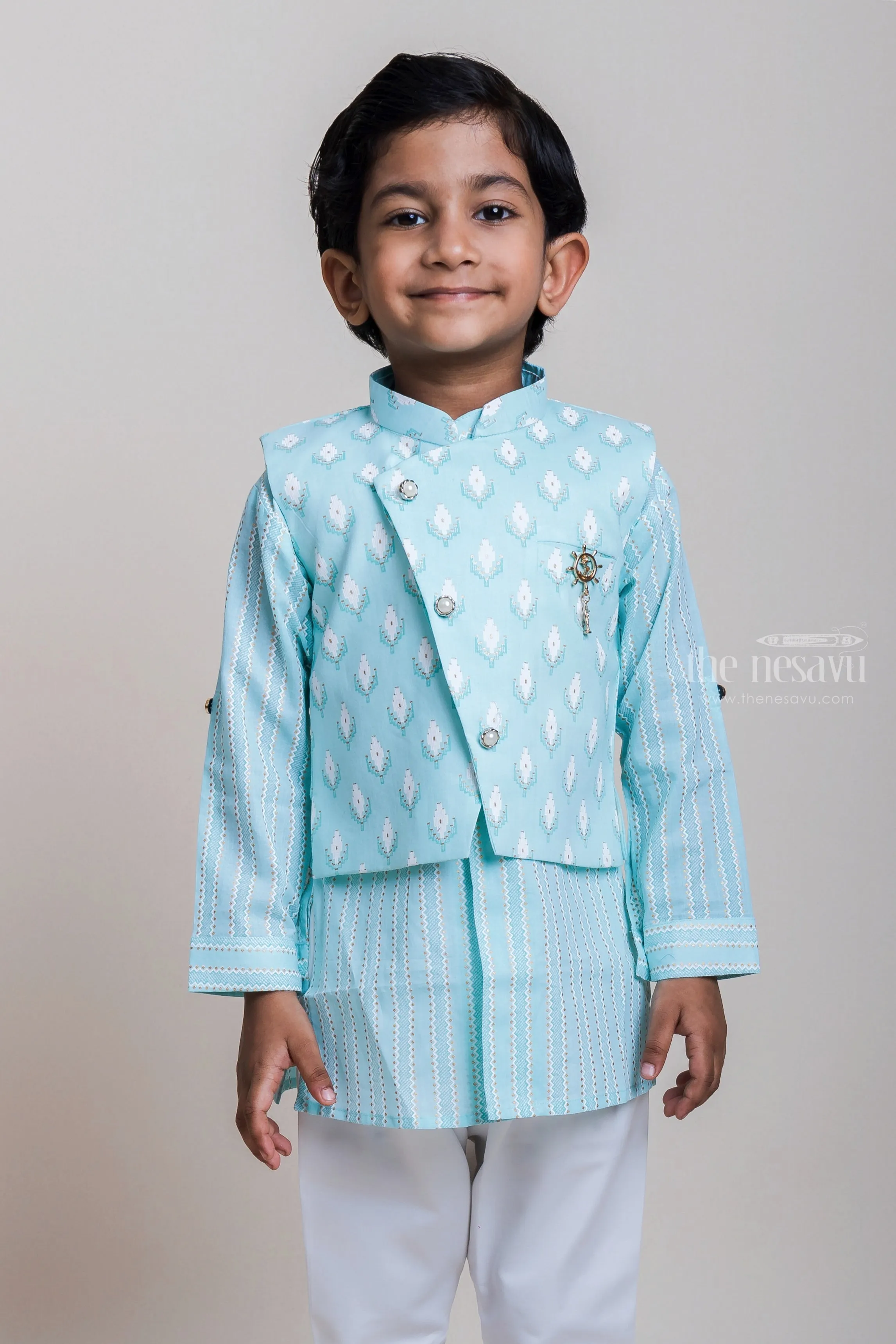 Designer Printed White Kurta And Green Jacket With Pants For Baby Boys