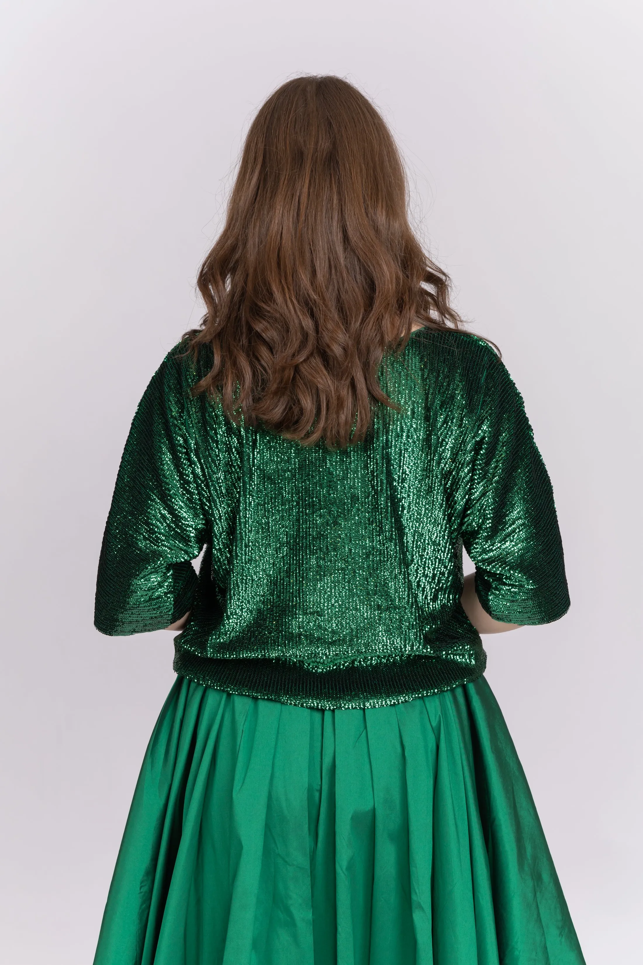 Emily Shalant Sequin Blouson with Dolman Sleeves in Emerald