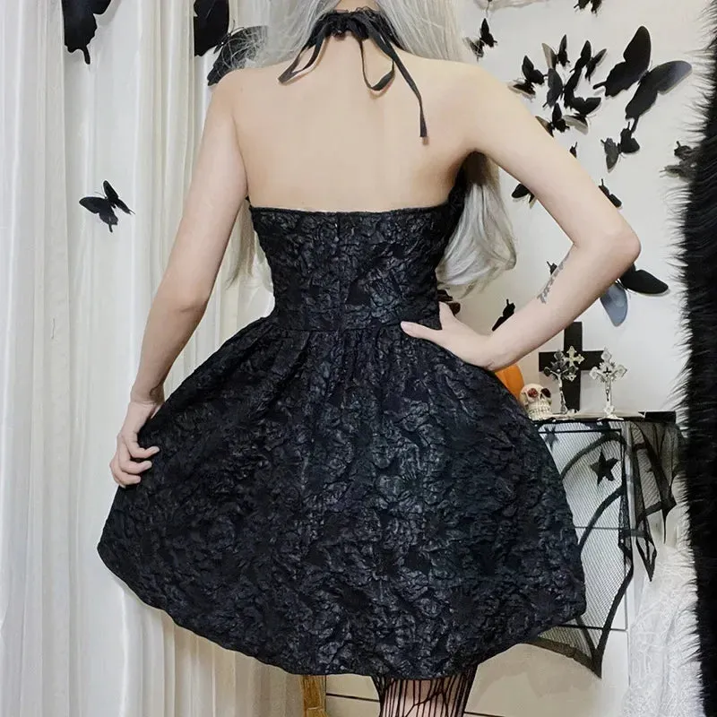 Floral Mini Y2K Lace Up Sexy Backless Halter Lace Sleeveless Jacquard Luxury Fairy Bodycon Gothic Dress