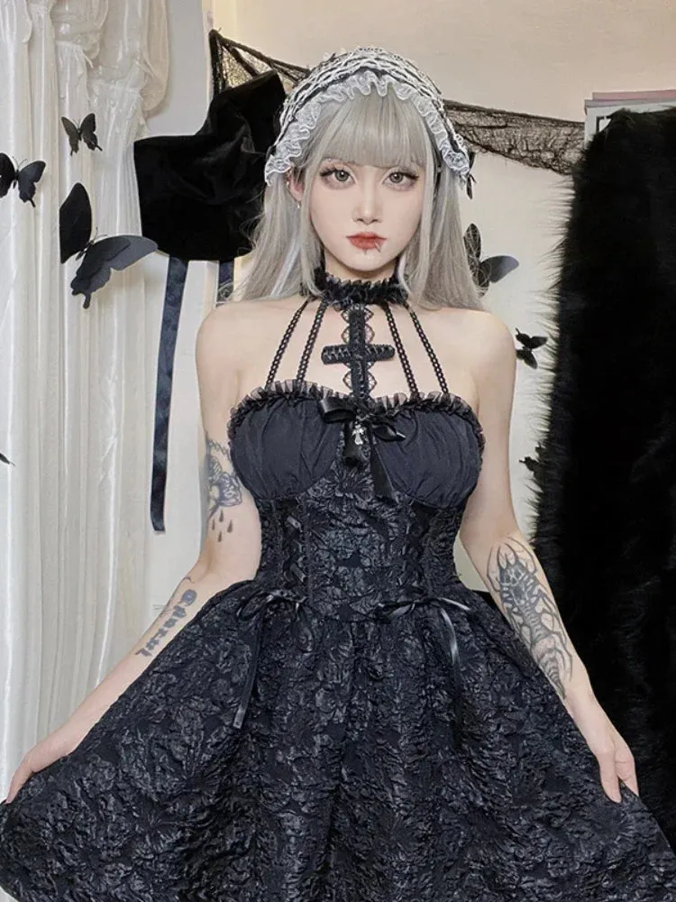 Floral Mini Y2K Lace Up Sexy Backless Halter Lace Sleeveless Jacquard Luxury Fairy Bodycon Gothic Dress