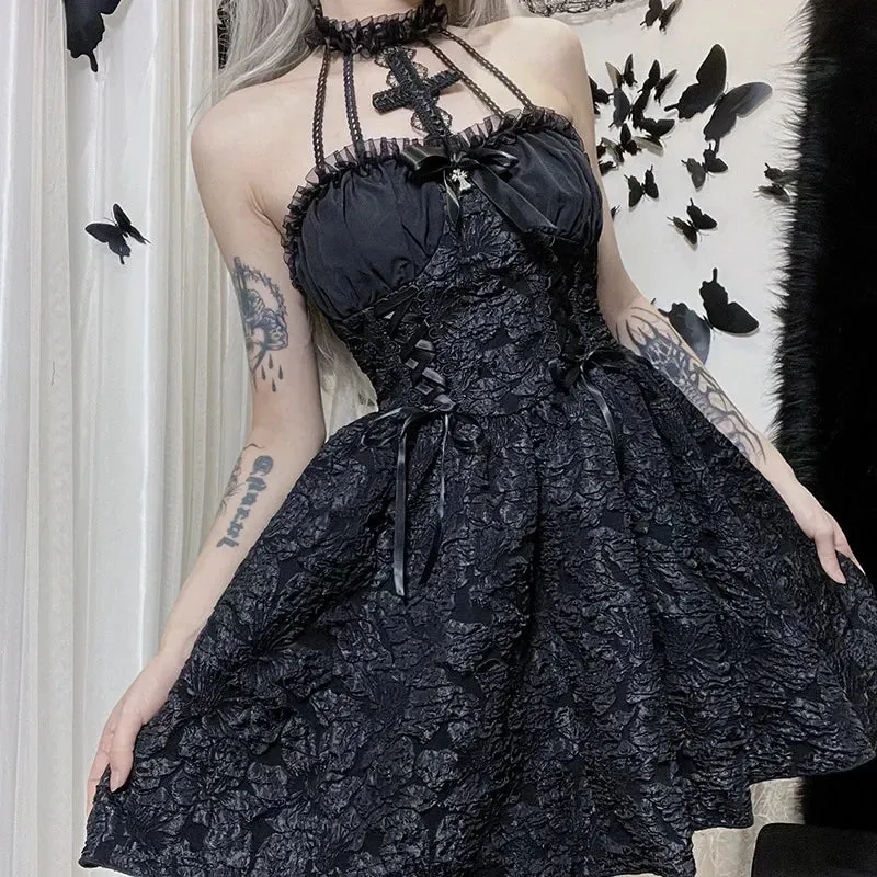 Floral Mini Y2K Lace Up Sexy Backless Halter Lace Sleeveless Jacquard Luxury Fairy Bodycon Gothic Dress