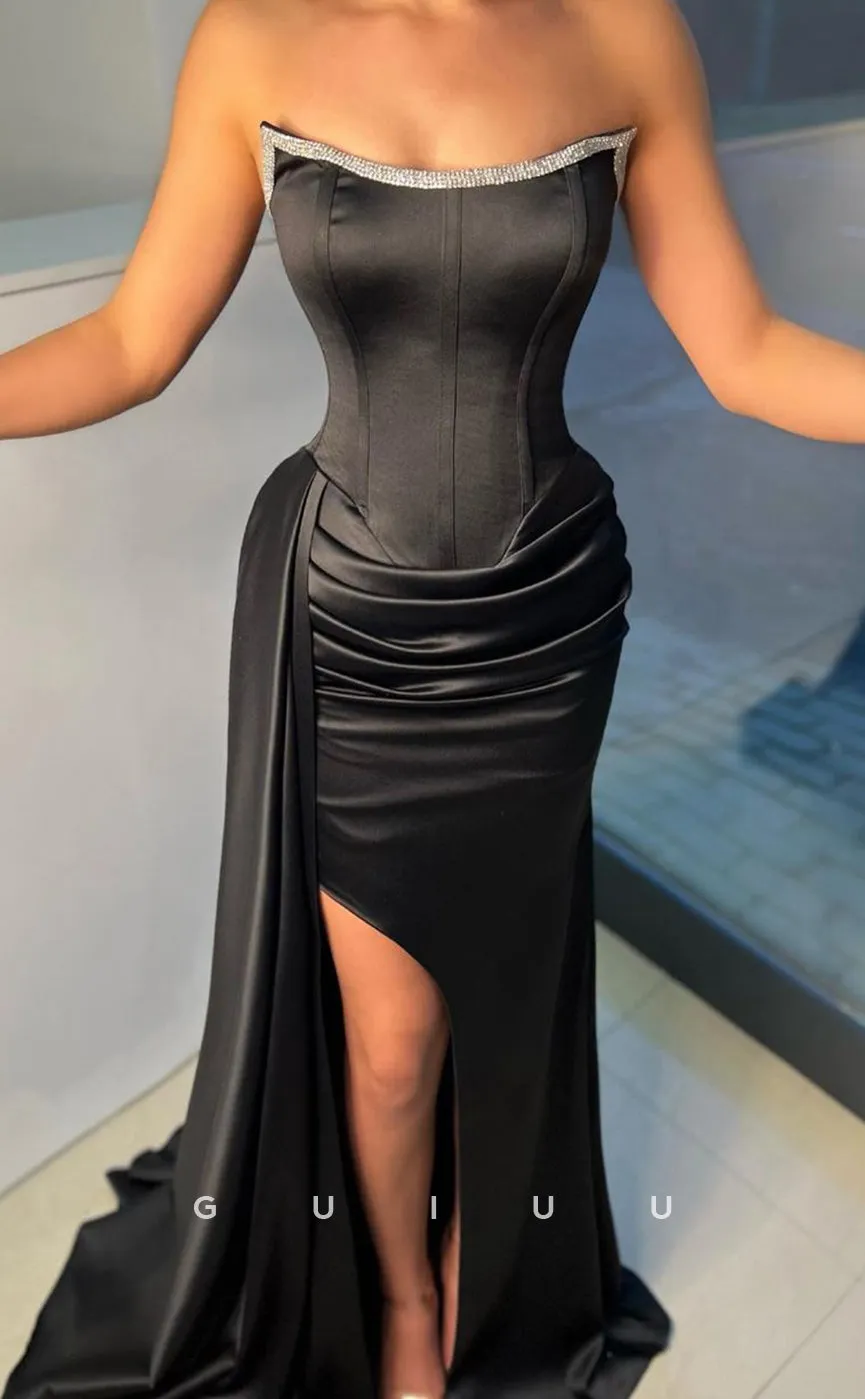 G3961 -Mermaid Boat Neck Sleeveless Black Pleated Long Prom Dress with High Slit and Train