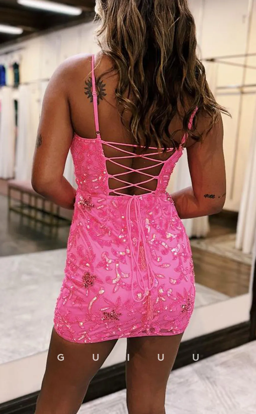 GH810 - Sexy & Fitted V-Neck Sequins Straps Short Pink Mini Homecoming Party Dress