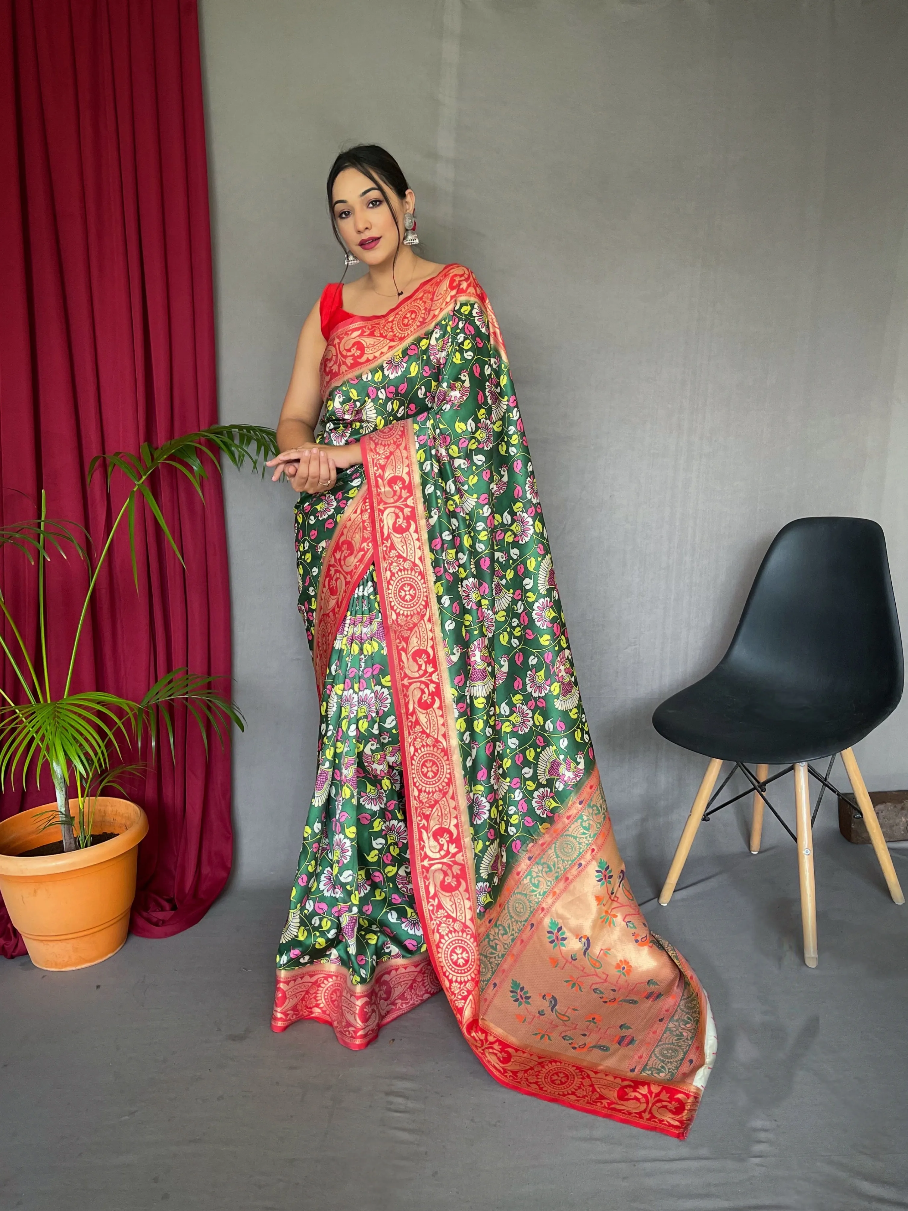 Green Pea Saree in Kalamkari Printed Paithani Silk