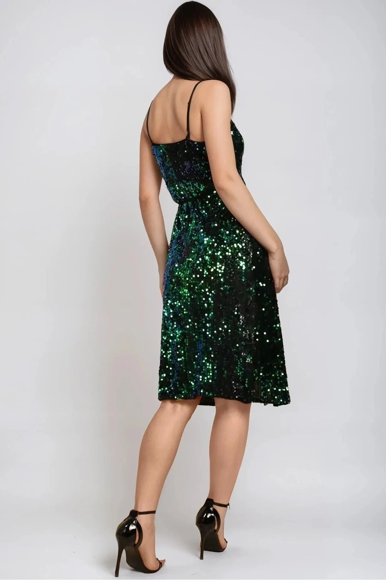 Green Sequin Velvet Mini Wrap Dress by Aftershock London
