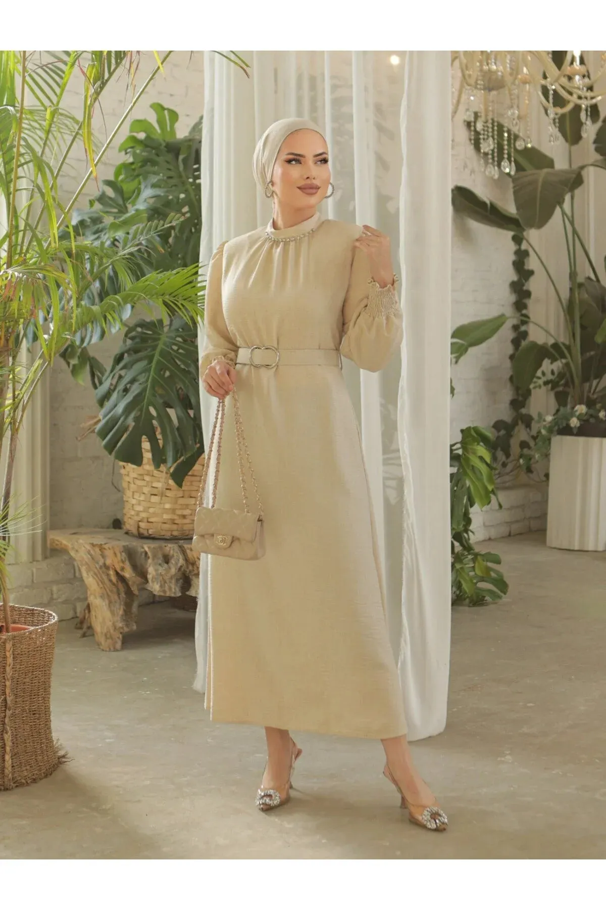 Hijabiya Women's Collar Gathered Sleeves Belted Linen Dress Hijabs