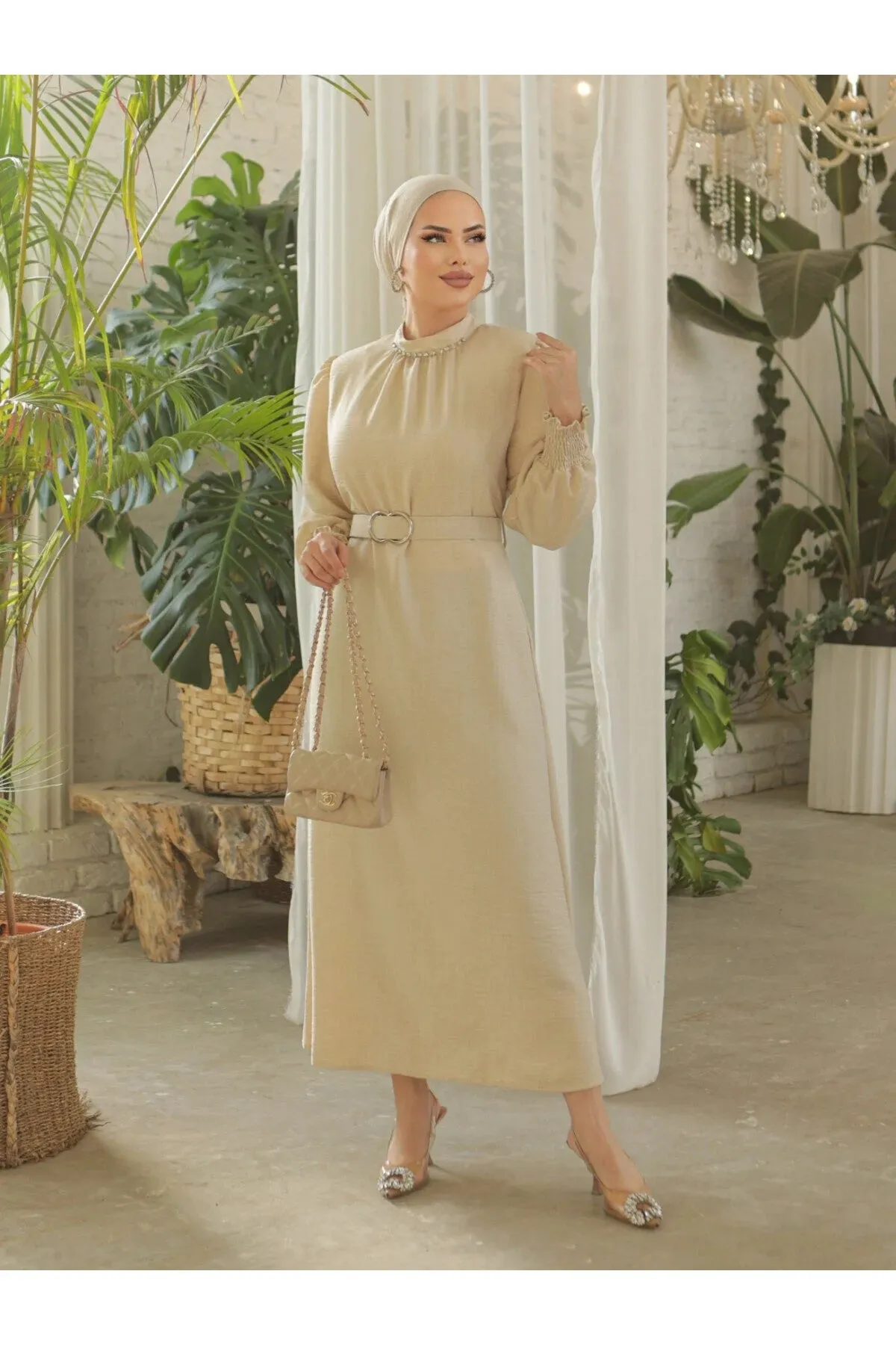 Hijabiya Women's Collar Gathered Sleeves Belted Linen Dress Hijabs