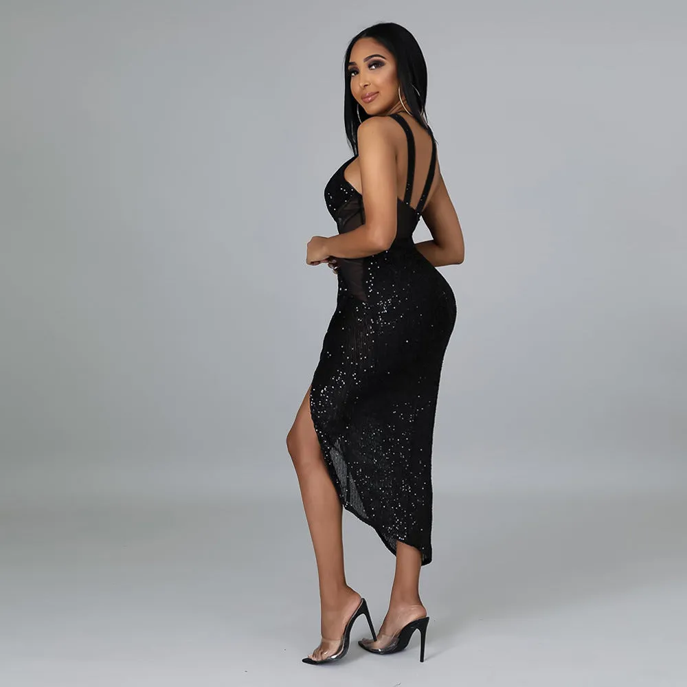 Irregular Halter Sequined Party Dress - Culture Heaven Special