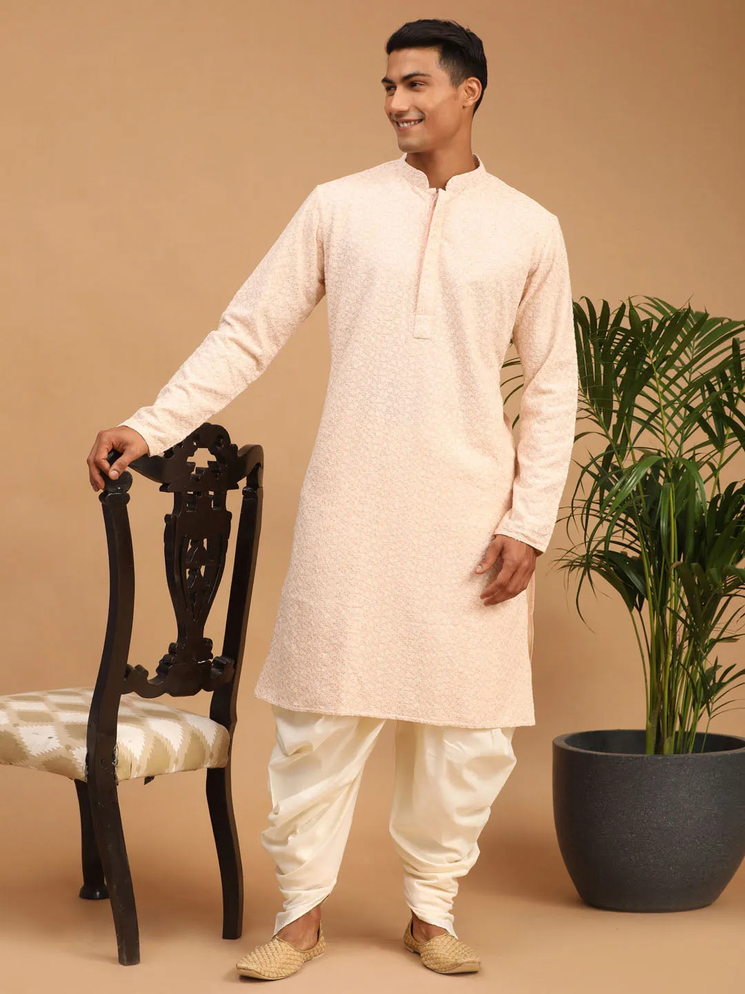 Jashvi Men's Pink Ethnic Chikankari Kurta Dhoti And Dupatta set