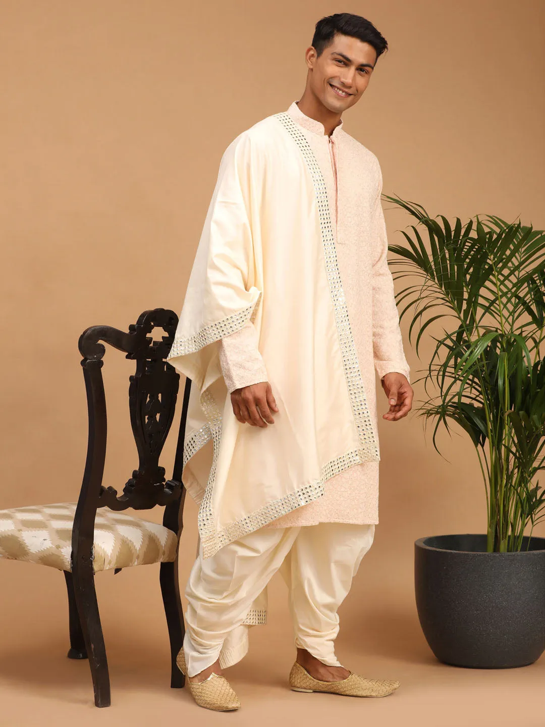 Jashvi Men's Pink Ethnic Chikankari Kurta Dhoti And Dupatta set