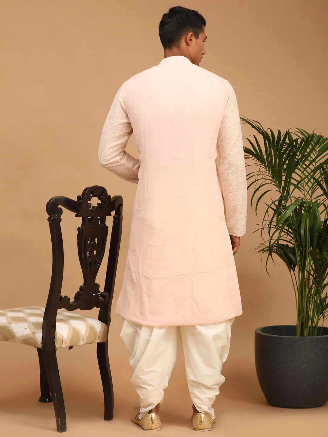 Jashvi Men's Pink Ethnic Chikankari Kurta Dhoti And Dupatta set