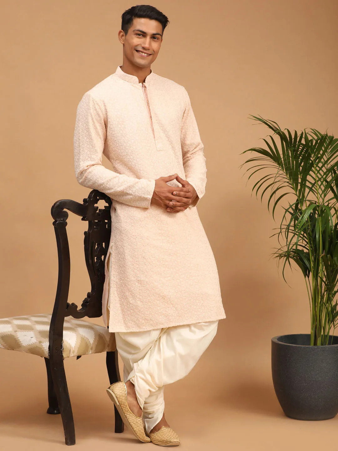 Jashvi Men's Pink Ethnic chikankari Kurta Dhoti set