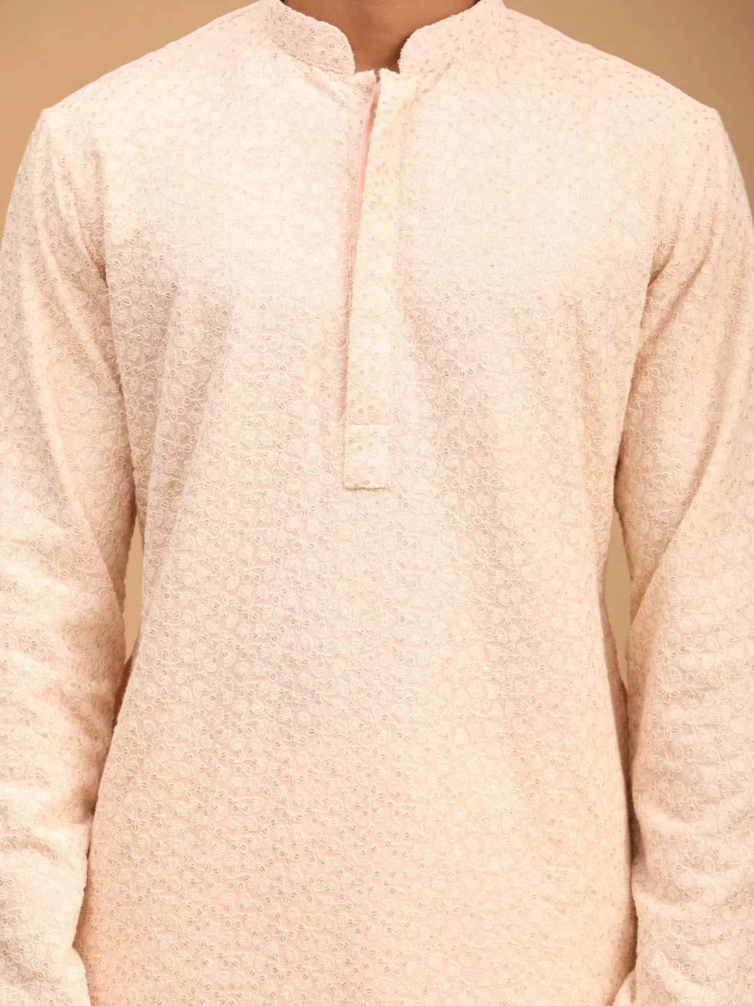 Jashvi Men's Pink Ethnic chikankari Kurta Dhoti set