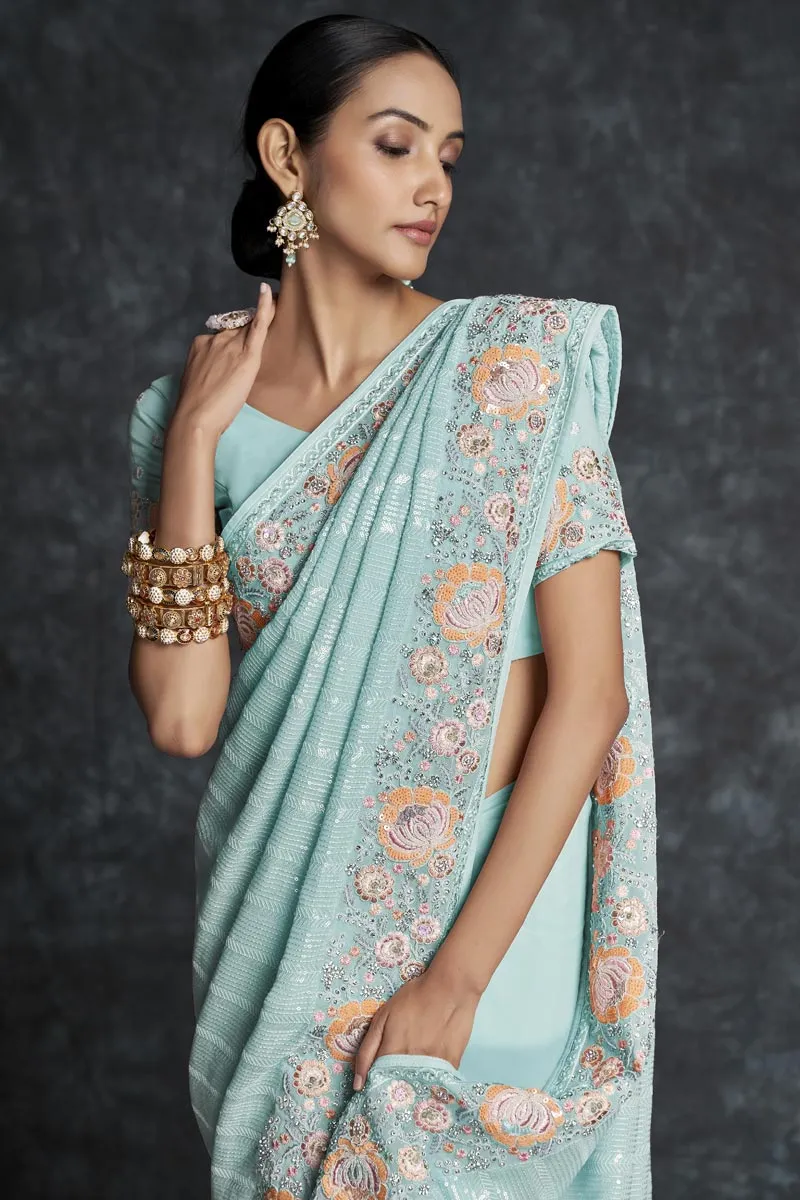 Light Cyan Georgette Wedding Contemporary Saree