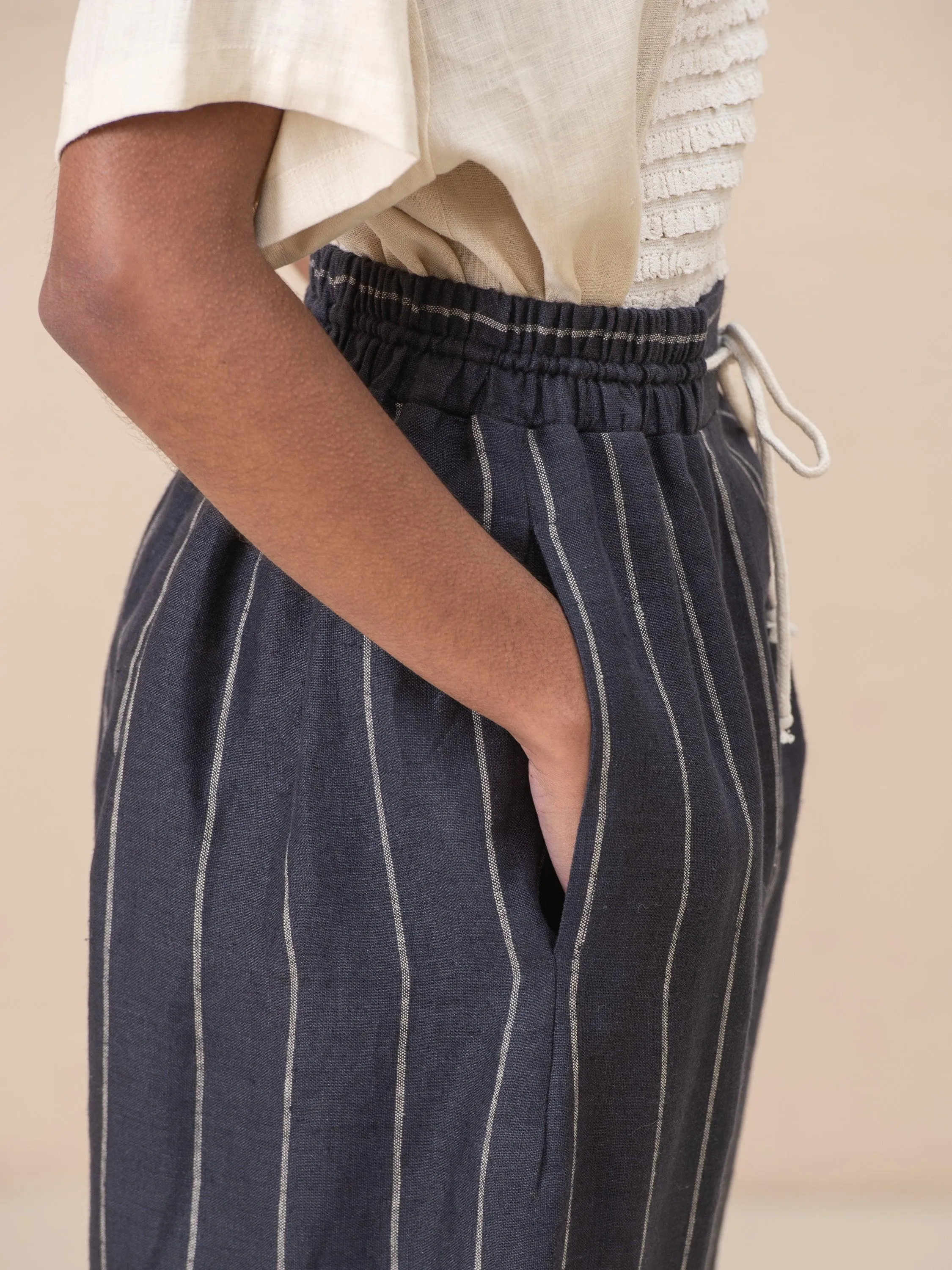 Linna Straight Pull-On Striped Linen Pants