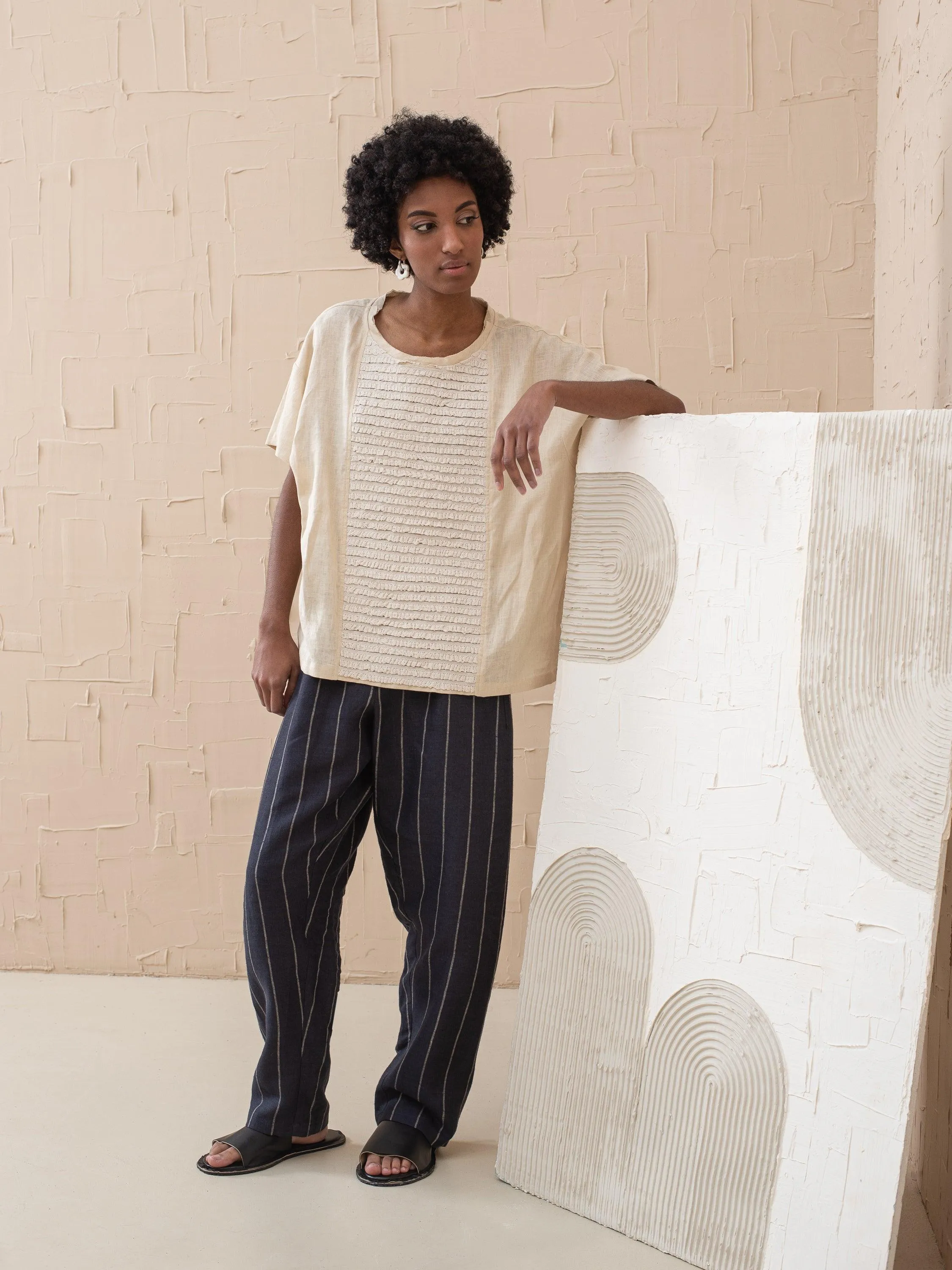 Linna Straight Pull-On Striped Linen Pants