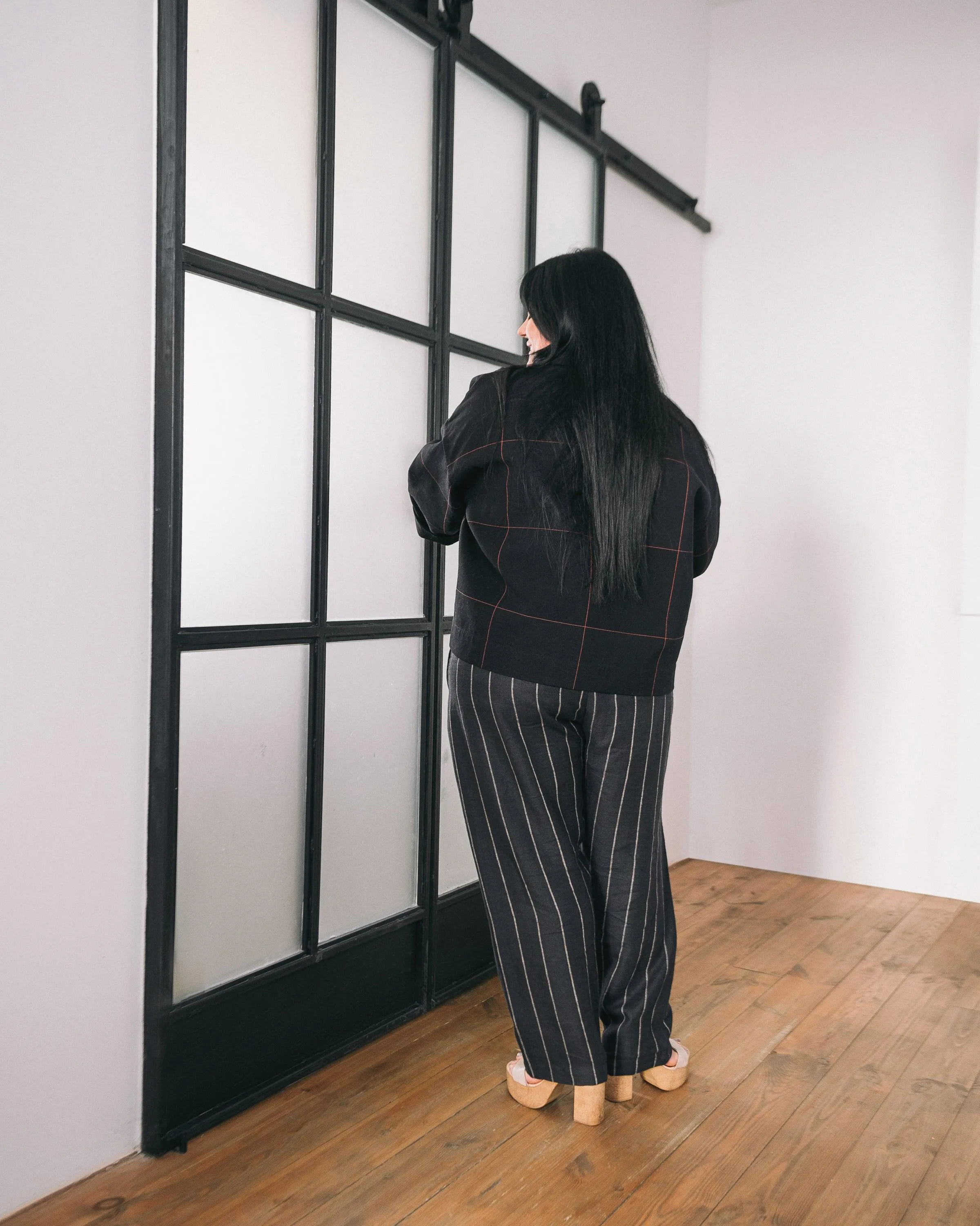 Linna Straight Pull-On Striped Linen Pants