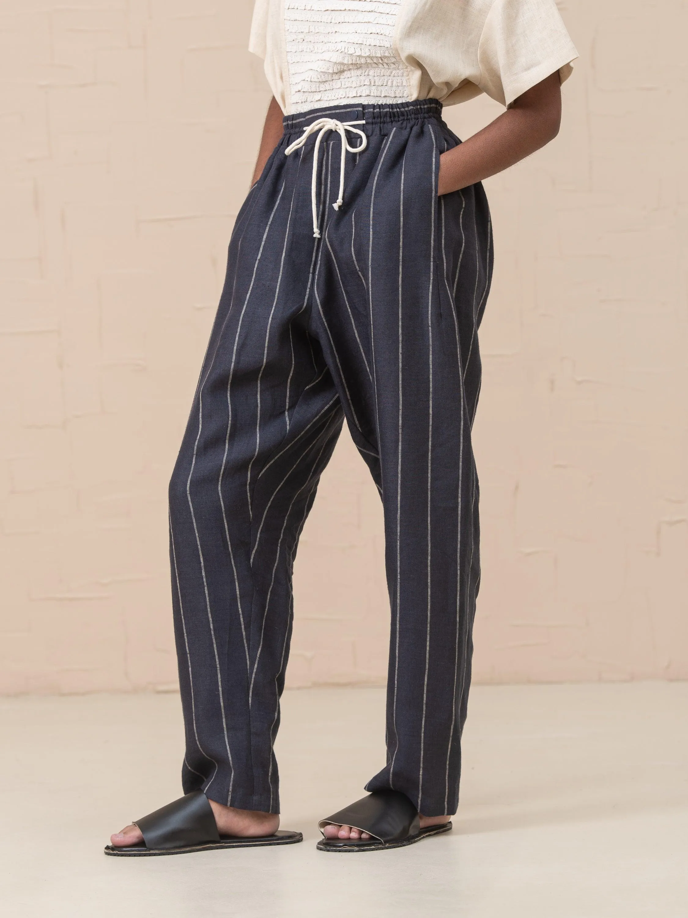 Linna Straight Pull-On Striped Linen Pants