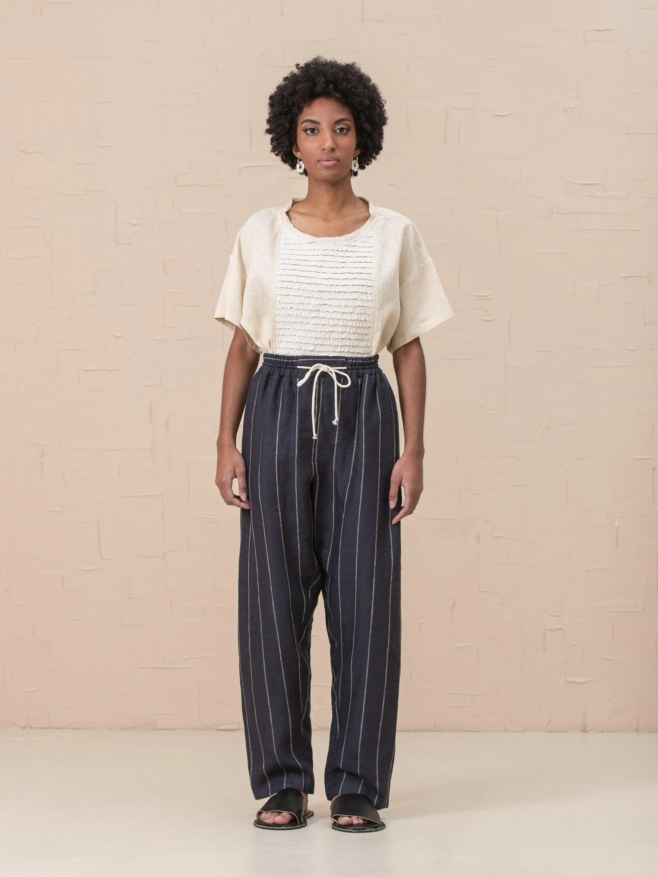 Linna Straight Pull-On Striped Linen Pants