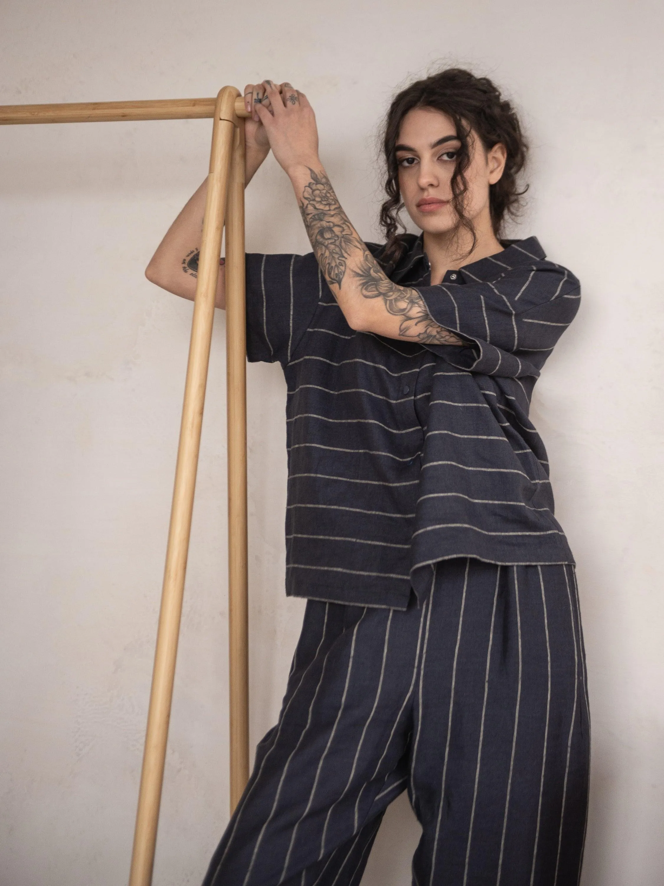 Linna Straight Pull-On Striped Linen Pants