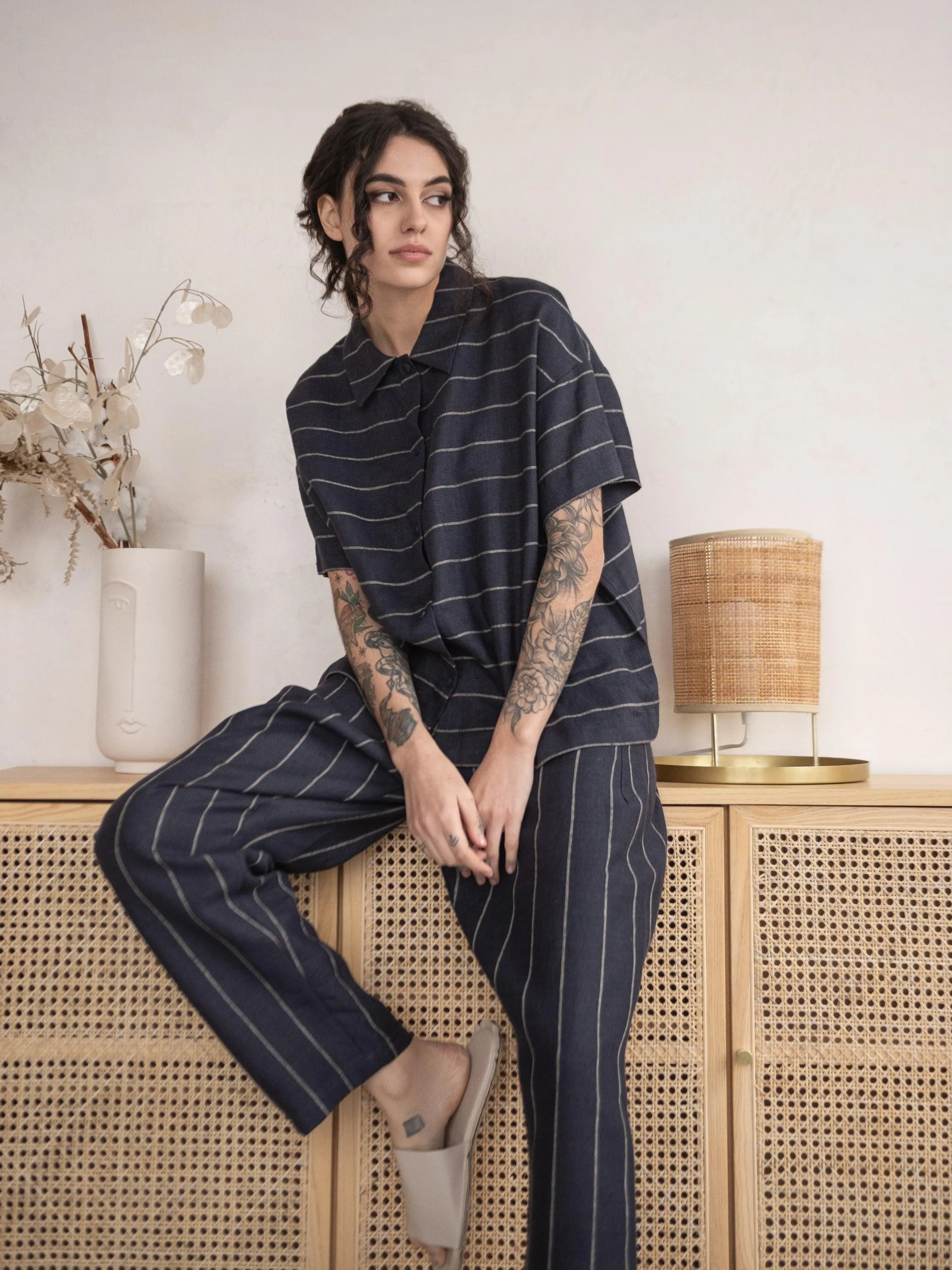 Linna Straight Pull-On Striped Linen Pants