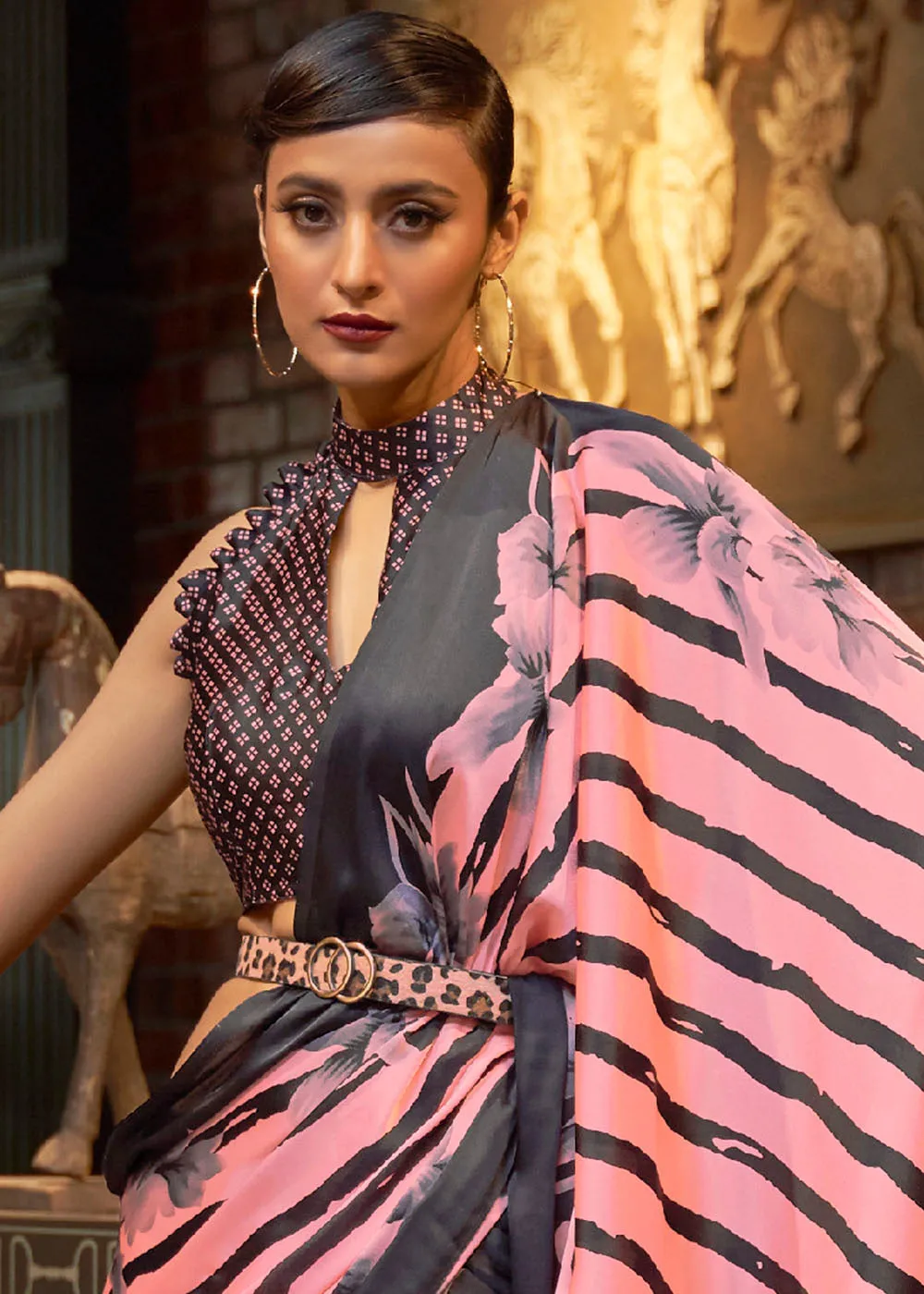 Mauvelous Pink Designer Satin Crepe Printed Saree