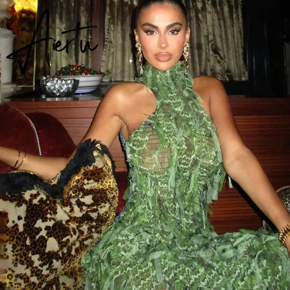 Mesh Fringe Long Dress Halter Club Backless Evening Dresses 2023 Fal Women Luxury Bodycon Club Party Lady Sexy Long Tassel Dress
