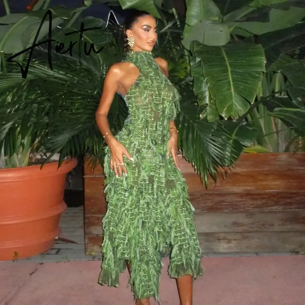 Mesh Fringe Long Dress Halter Club Backless Evening Dresses 2023 Fal Women Luxury Bodycon Club Party Lady Sexy Long Tassel Dress
