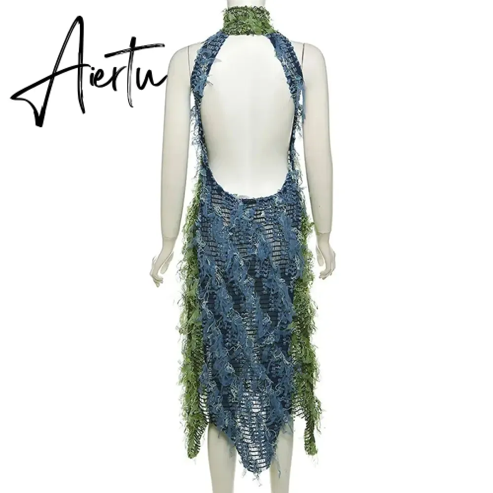 Mesh Fringe Long Dress Halter Club Backless Evening Dresses 2023 Fal Women Luxury Bodycon Club Party Lady Sexy Long Tassel Dress