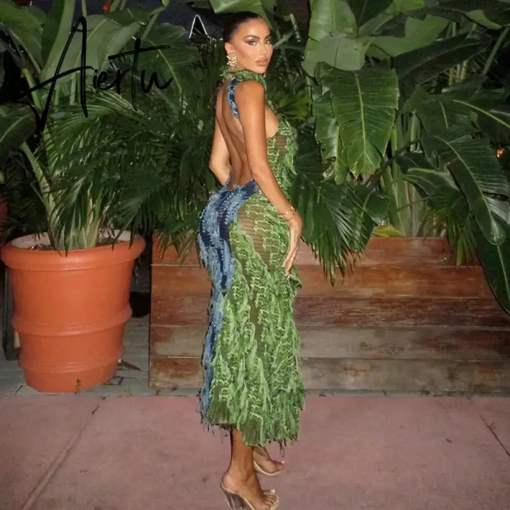 Mesh Fringe Long Dress Halter Club Backless Evening Dresses 2023 Fal Women Luxury Bodycon Club Party Lady Sexy Long Tassel Dress