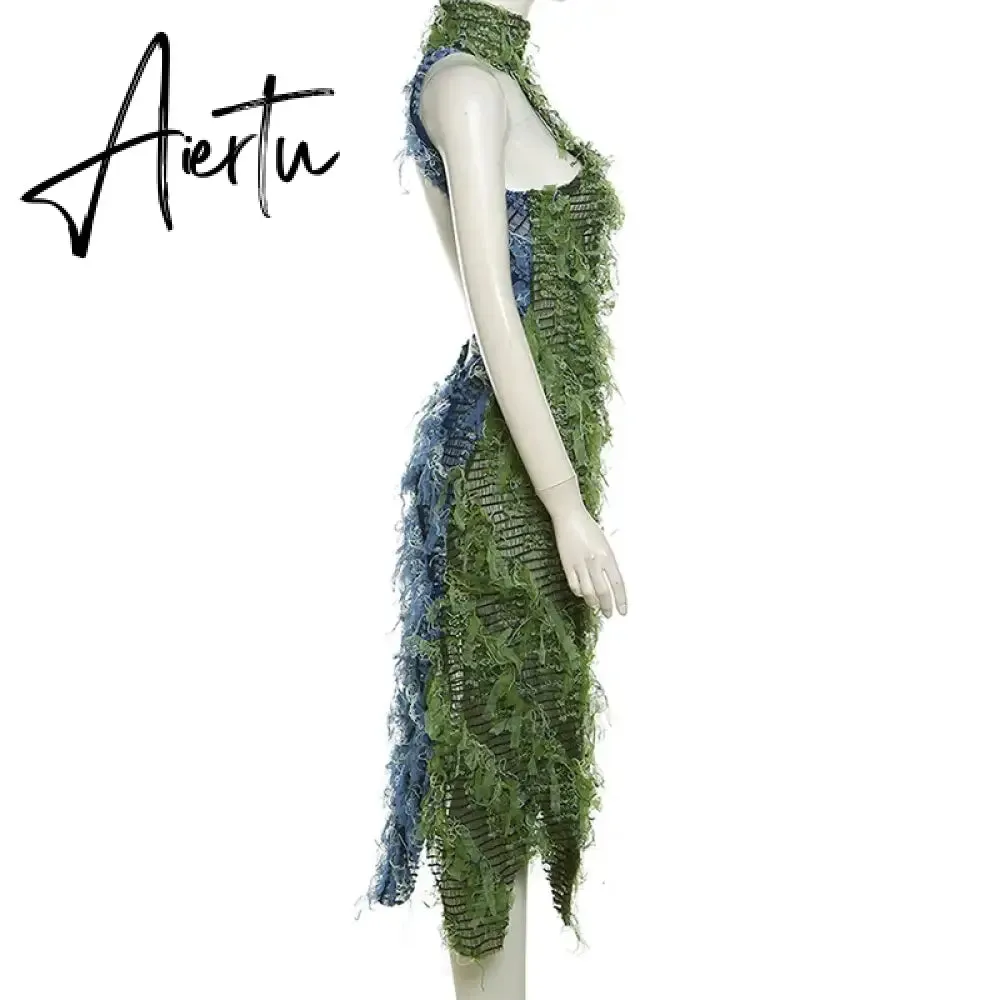 Mesh Fringe Long Dress Halter Club Backless Evening Dresses 2023 Fal Women Luxury Bodycon Club Party Lady Sexy Long Tassel Dress