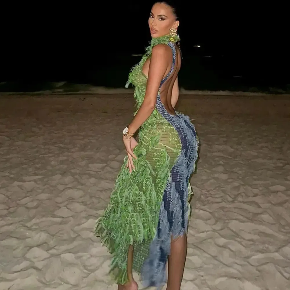 Mesh Fringe Long Dress Halter Club Backless Evening Dresses 2023 Fal Women Luxury Bodycon Club Party Lady Sexy Long Tassel Dress