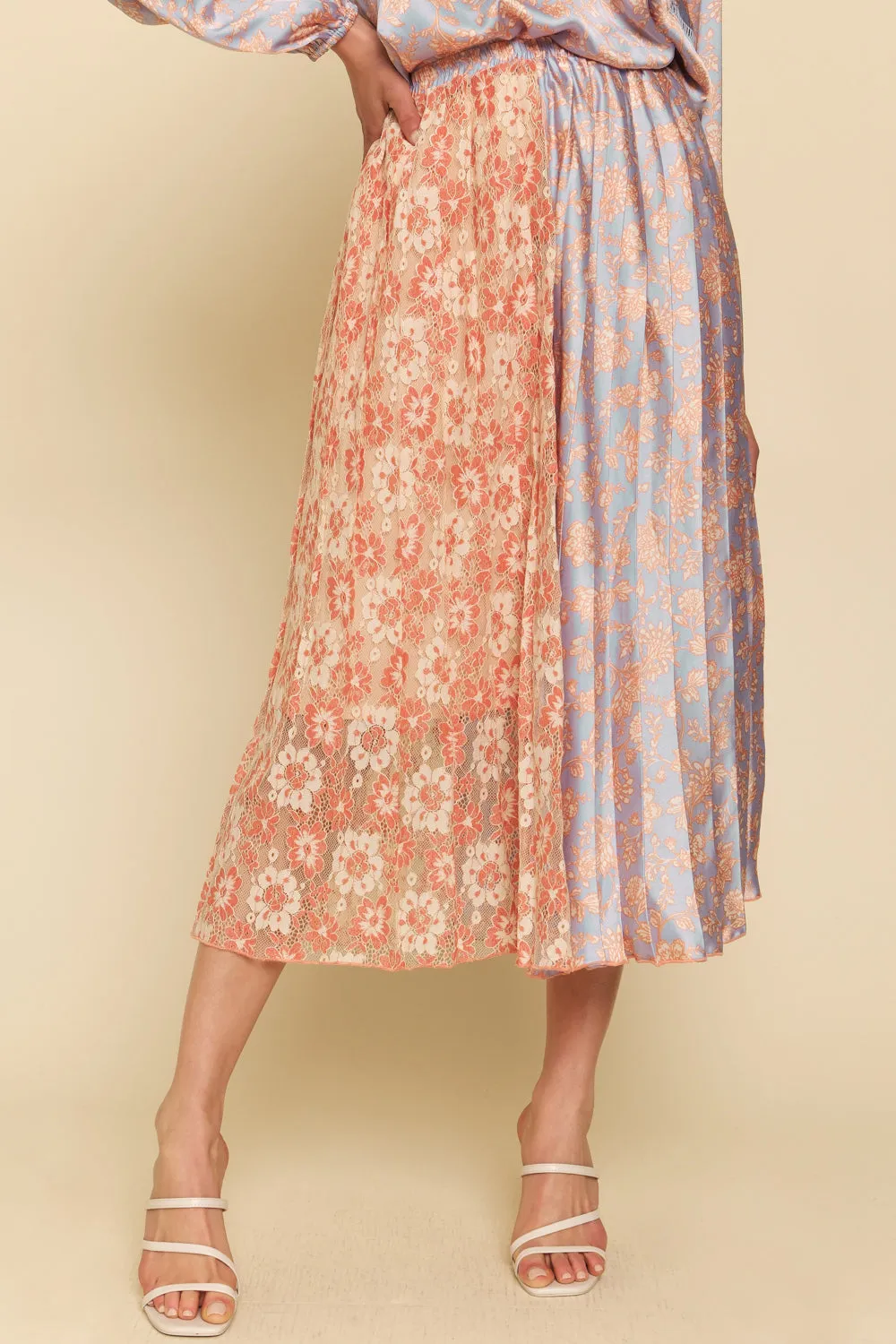 Mixed Media Pleat Midi Skirt