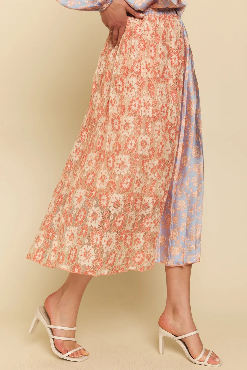 Mixed Media Pleat Midi Skirt