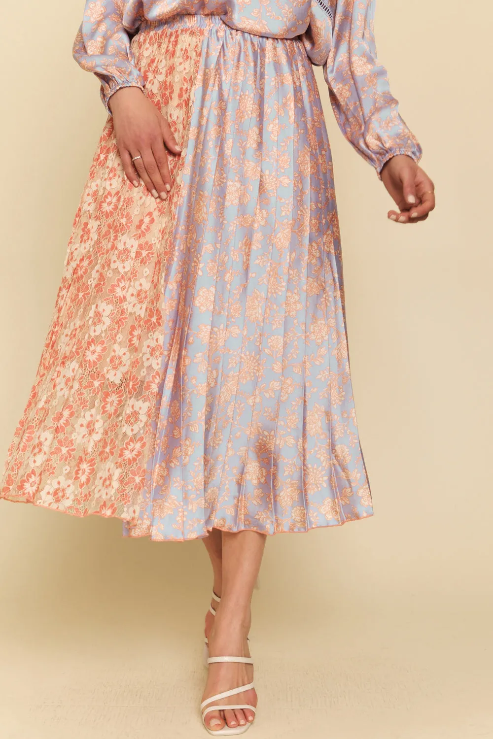 Mixed Media Pleat Midi Skirt