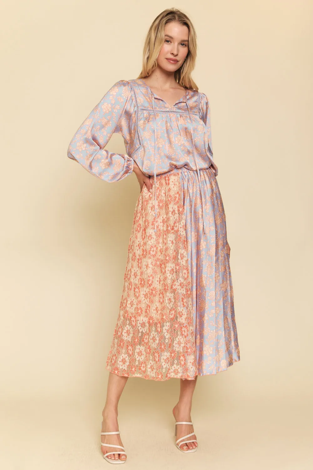 Mixed Media Pleat Midi Skirt